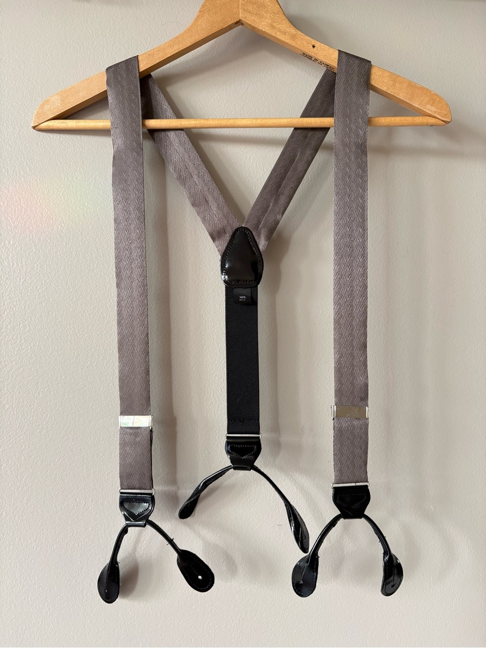 Suspenders 100% Silk Textured Gray Leather Made In England Braces